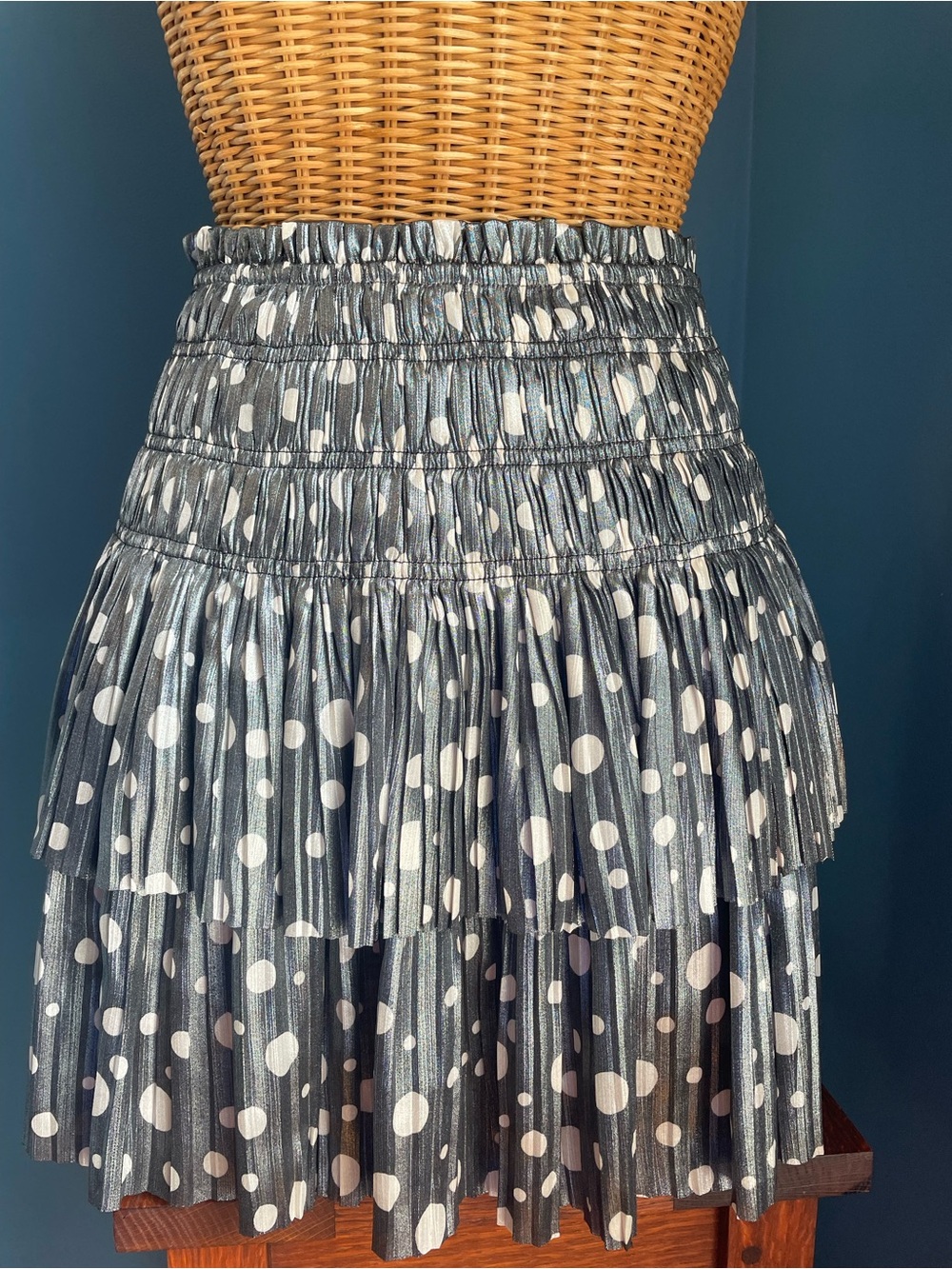 Current Air Metallic Bronze Polka Dot Tiered Pleated Smocked Mini Skirt Size S